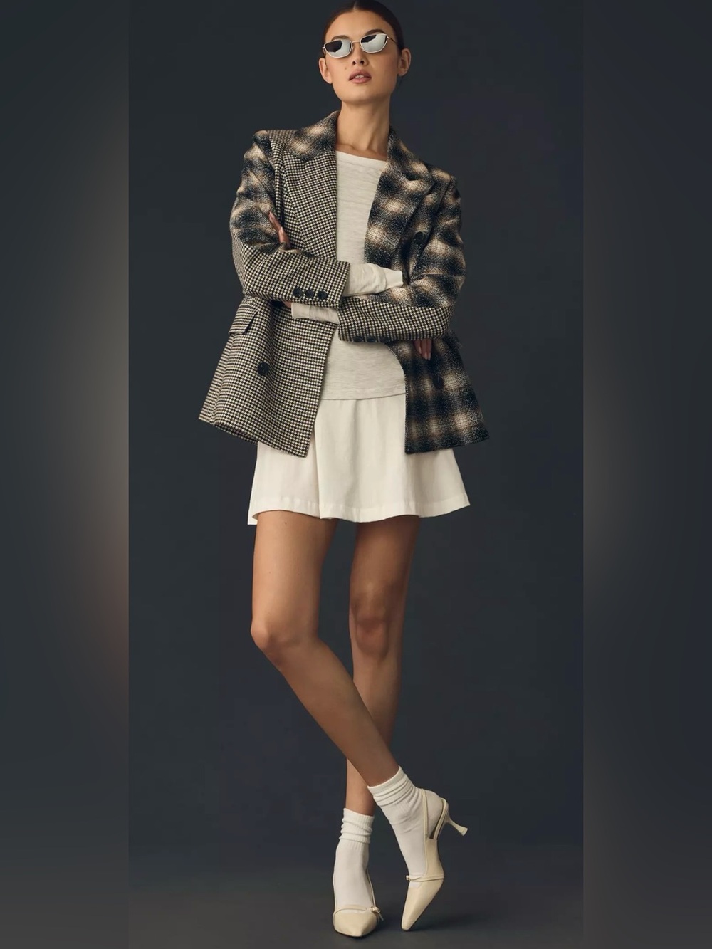 Avec Les Filles Mixed Plaid Menswear Blazer